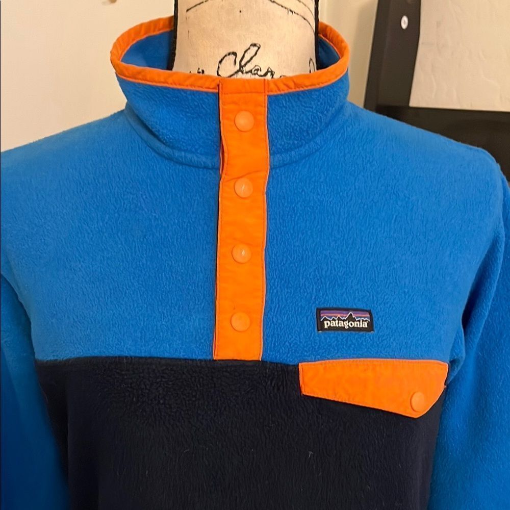 SOLD Patagonia Synchilla Blue Orange Fleece Snap Front Button Jacket Gorpcore - Picture 2 of 12